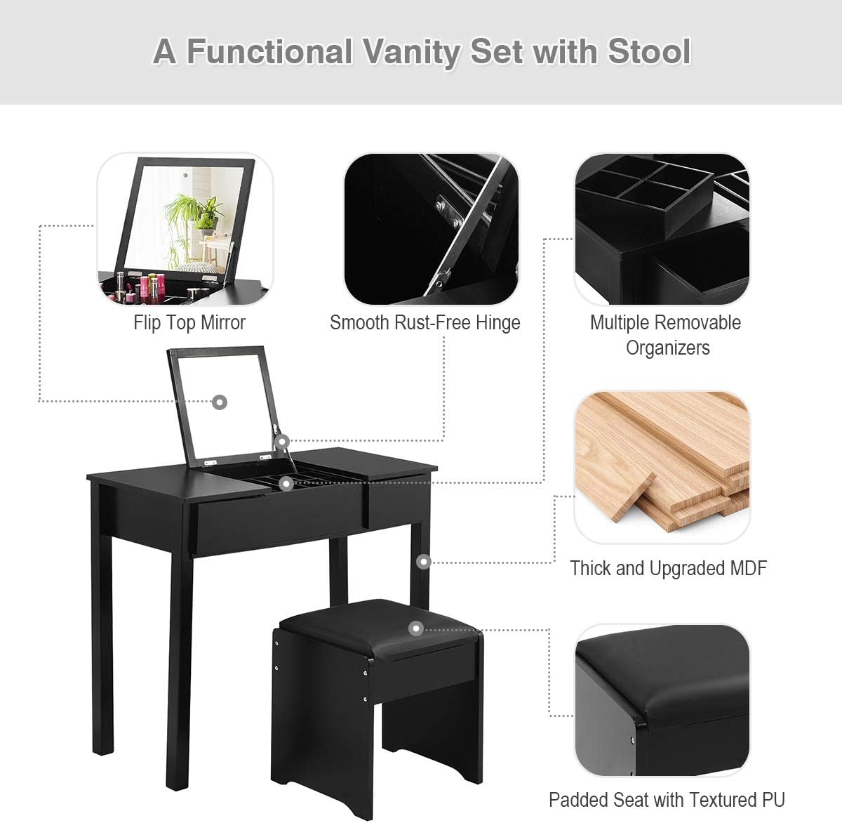 Giantex Vanity Set with Flip Top Mirror and Cushioned Stool, Makeup Dressing Table Writing Desk with 2 Drawers & 3 Removable Organizers, Makeup Table Set Easy Assembly, Black