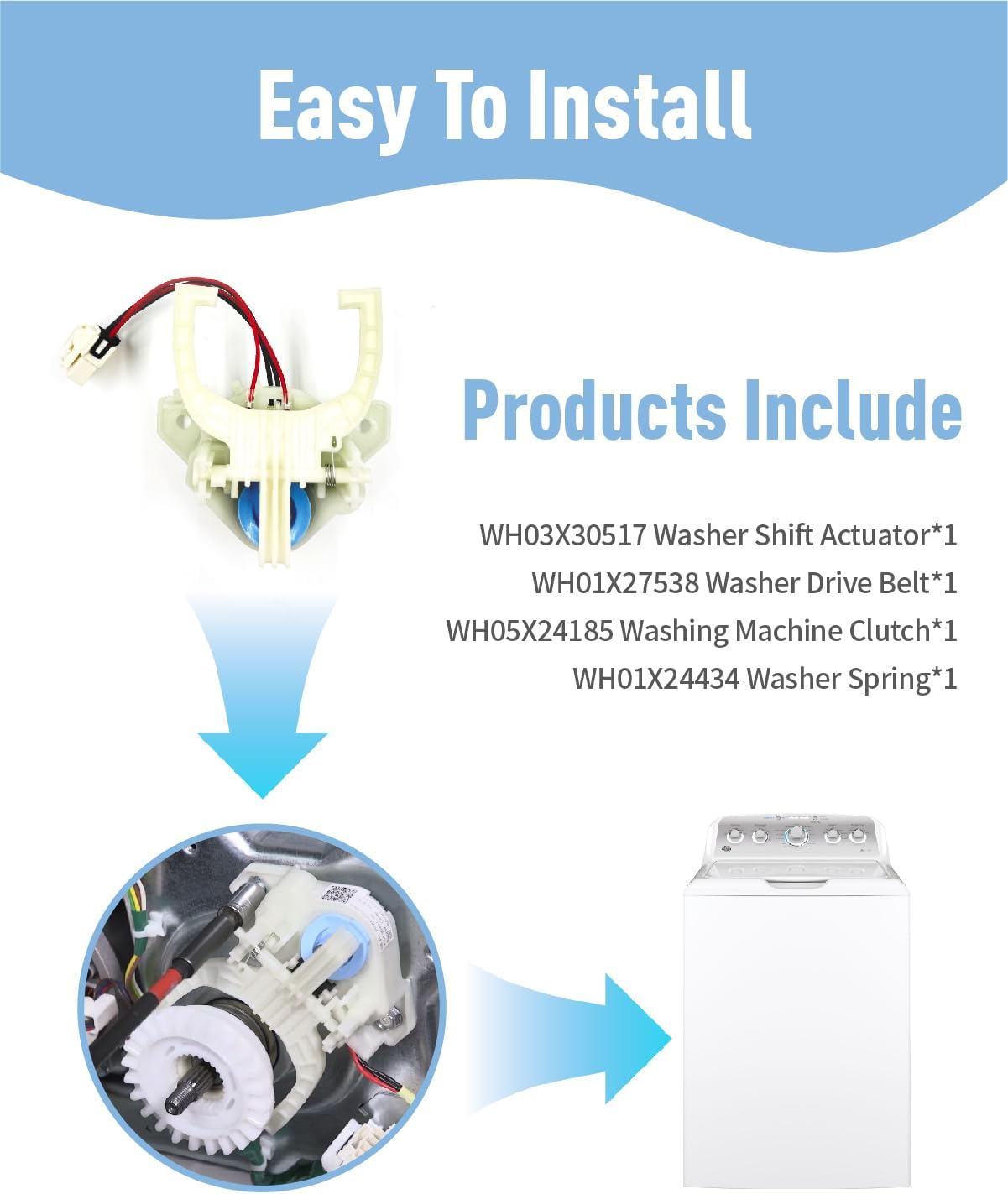 2025 Upgraded WH03X30517 Washer Shift Actuator Fit for GE & Hotpoint Washers - Compatible with Mode Shifter Actuator WH01X27538, Washer Drive Belt WH05X24185, and Washing Machine Clutch & Spring