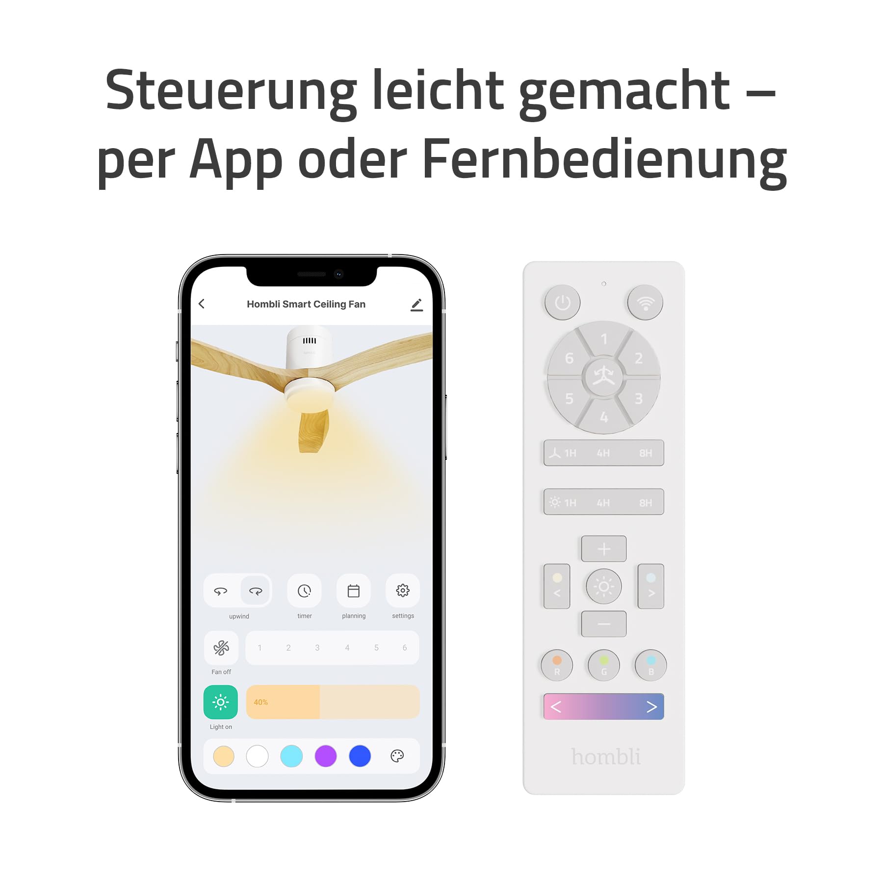 Hombli Smart Deckenventilator mit LED-Licht, warmweiß, kaltweiß, dimmbar, Appsteuerung WLAN, 132 cm, leise 35W Motor, Räume bis 35 qm - Holz hell | Ventilator mit Beleuchtung, App-Steuerung, Räume bis 35 qm, LED-Licht, warmweiß, niederländische Marke für