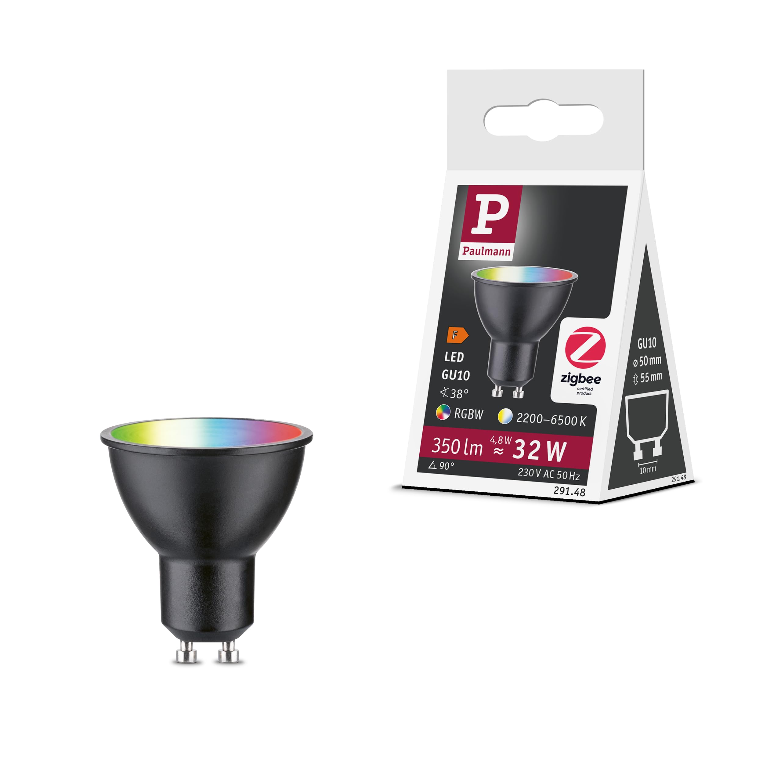 Paulmann 29148 Standard 230V Smart Home Zigbee LED Reflektor GU10 350lm 4,8W RGBW+ dimmbar Schwarz matt Leuchtmittel, 2.4 GHz, 350Lm ~ 32W