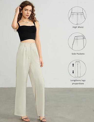 Miniatura 4 de Tapata Pantalones de pierna ancha para mujer, pantalones de vestir de cintura alta, casuales, elásticos, bolsillos para el trabajo y negocios