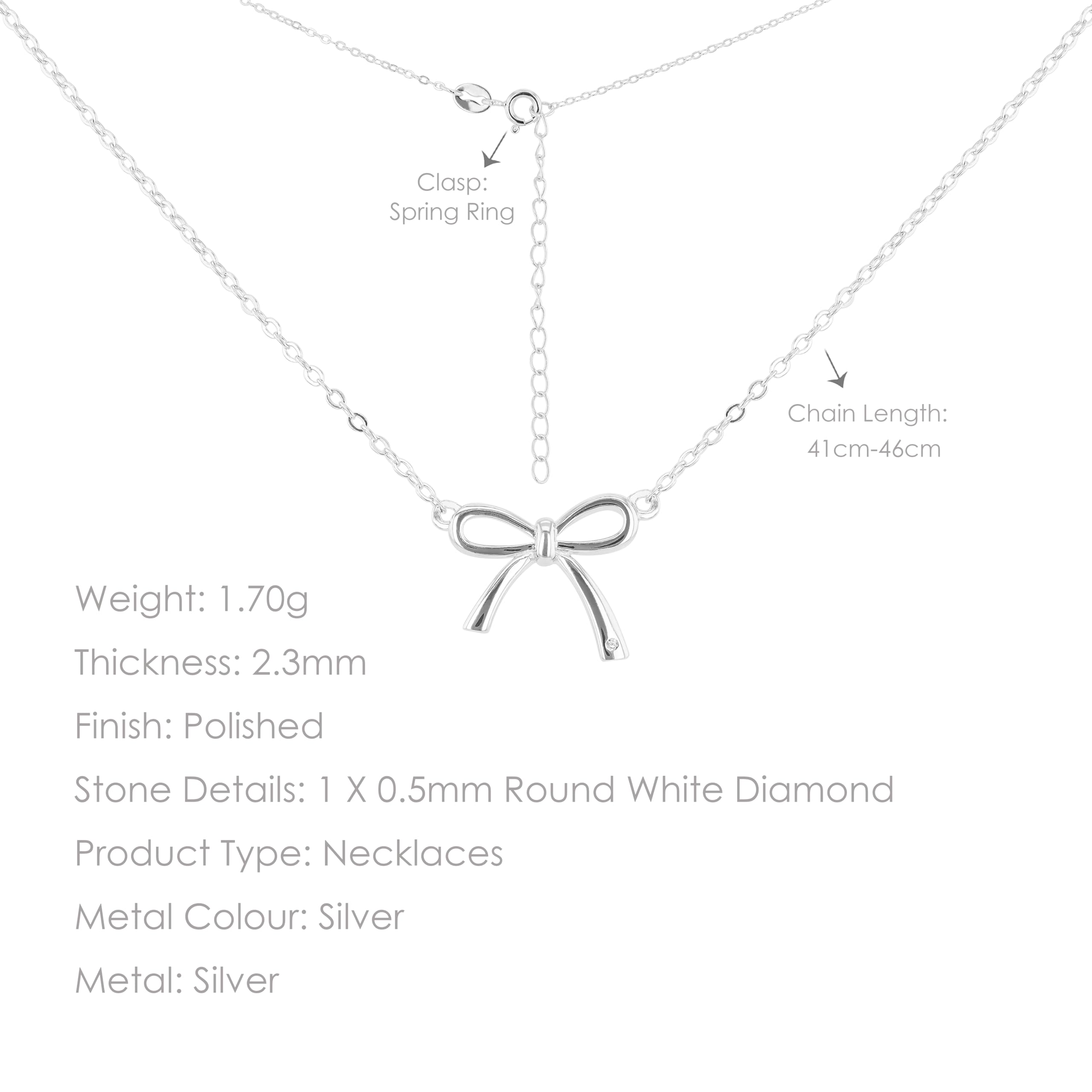 Tuscany Silver Women's Silver Women's Silver 13mm X 11.5mm Bow with 0.5mm Round White Diamond Adjustable Necklace 41cm/16"-46cm/18"