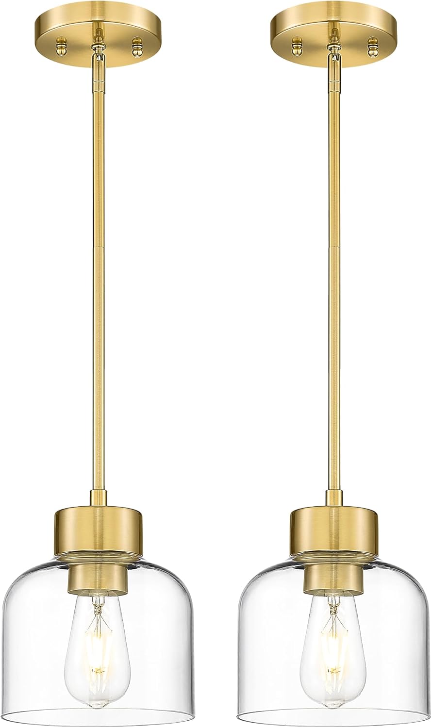 2-Pack Pendant Lights Kitchen Island, 7" Brushed Gold Hanging Lights Fixtures with Clear Glass Shade, Modern Brass Kitchen Pendant Lighting Over Island for Dining Room, AD-24024-1P2-GD