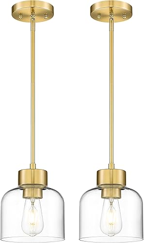 AD-24024-1P2-GD - Paquete de 2 luces colgantes de isla de cocina, 7 pulgadas de oro cepillado con pantalla de vidrio transparente, iluminación