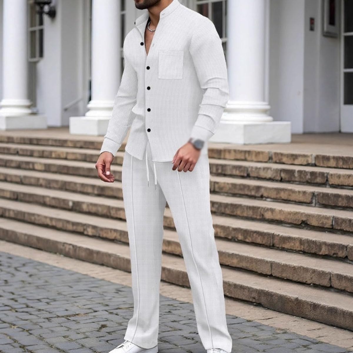 Men's Clothing Stand Collar Buttoned Weave Linen Two Piece Suit, Long Sleeve Button Down Shirt and Pants Set