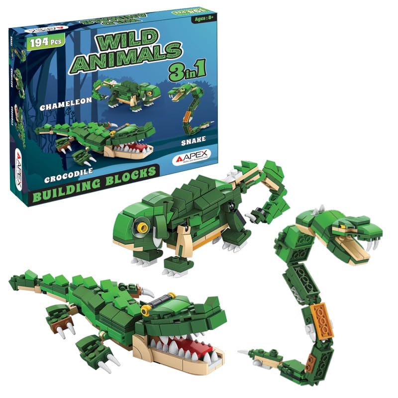 Image of Apex 3-in-1 Wild Animal Building Blocks Set- Build Crocodile, Chameleon or Snake (Single Model at a Time), 190+ Piece Kids Construction Toy, STEM Creative Blocks for Age 6+