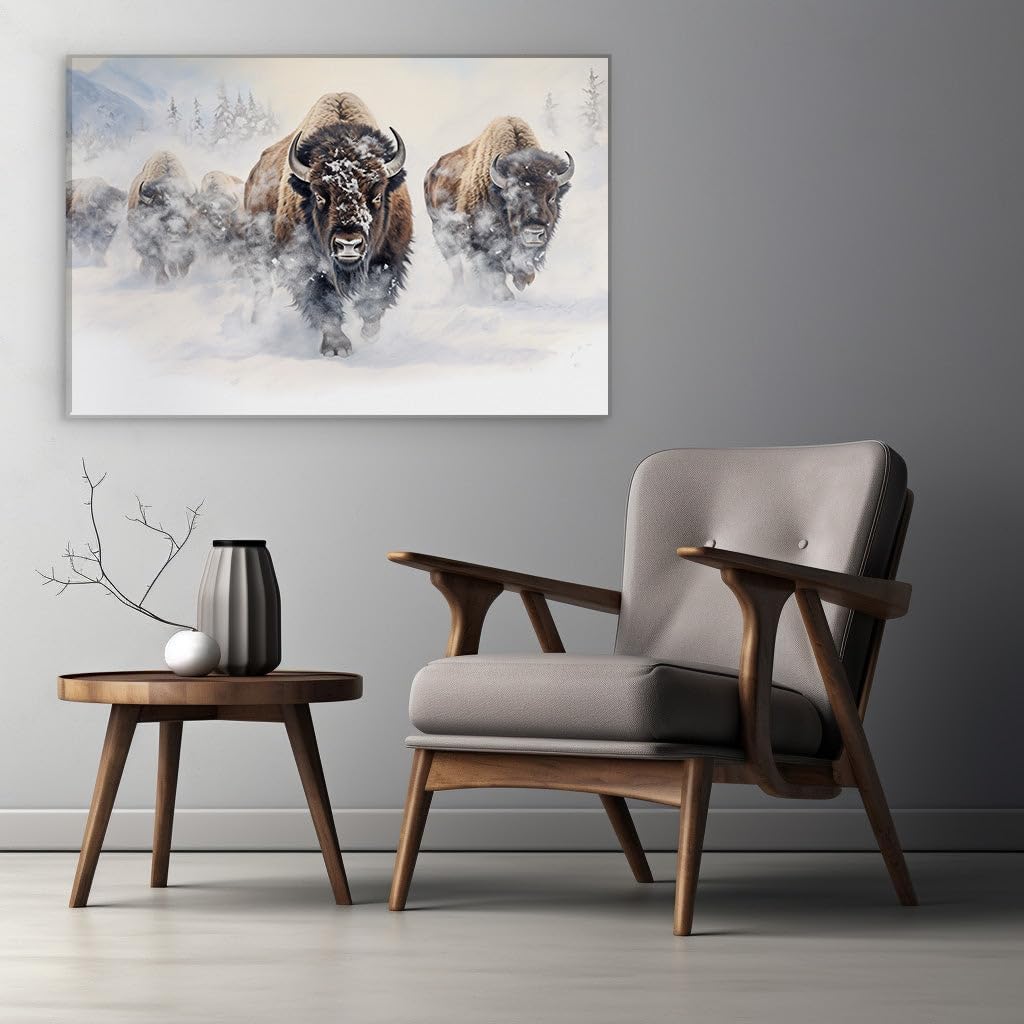 Canvas for Living room. Winter's Majesty - Bison Braving the Snowy Wilds, 27 x 18 inch Canvas Wall Art - Ready to Hang