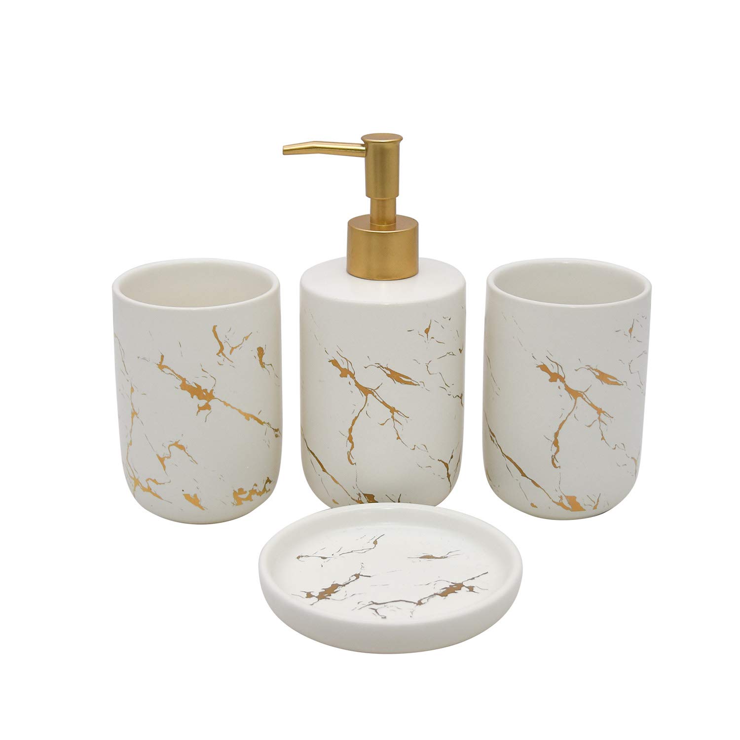 ABHOME 4 Piece Bathroom Accessory Set Ceramic White with Gold Marble Texture Modern - Soap Dish, Liquid Soap Dispenser, Toothbrush Tumbler Cup (White)