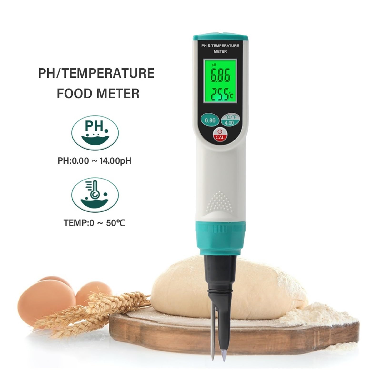 Professionelles Lebensmittel-PH-Messgerät, 0,00–14,00 PH, Temp-pH-Tester, Hochpräziser Sensor, Säureanalysator for Fleischkonserven, Käse, Teig, Wasser PräZise Messung