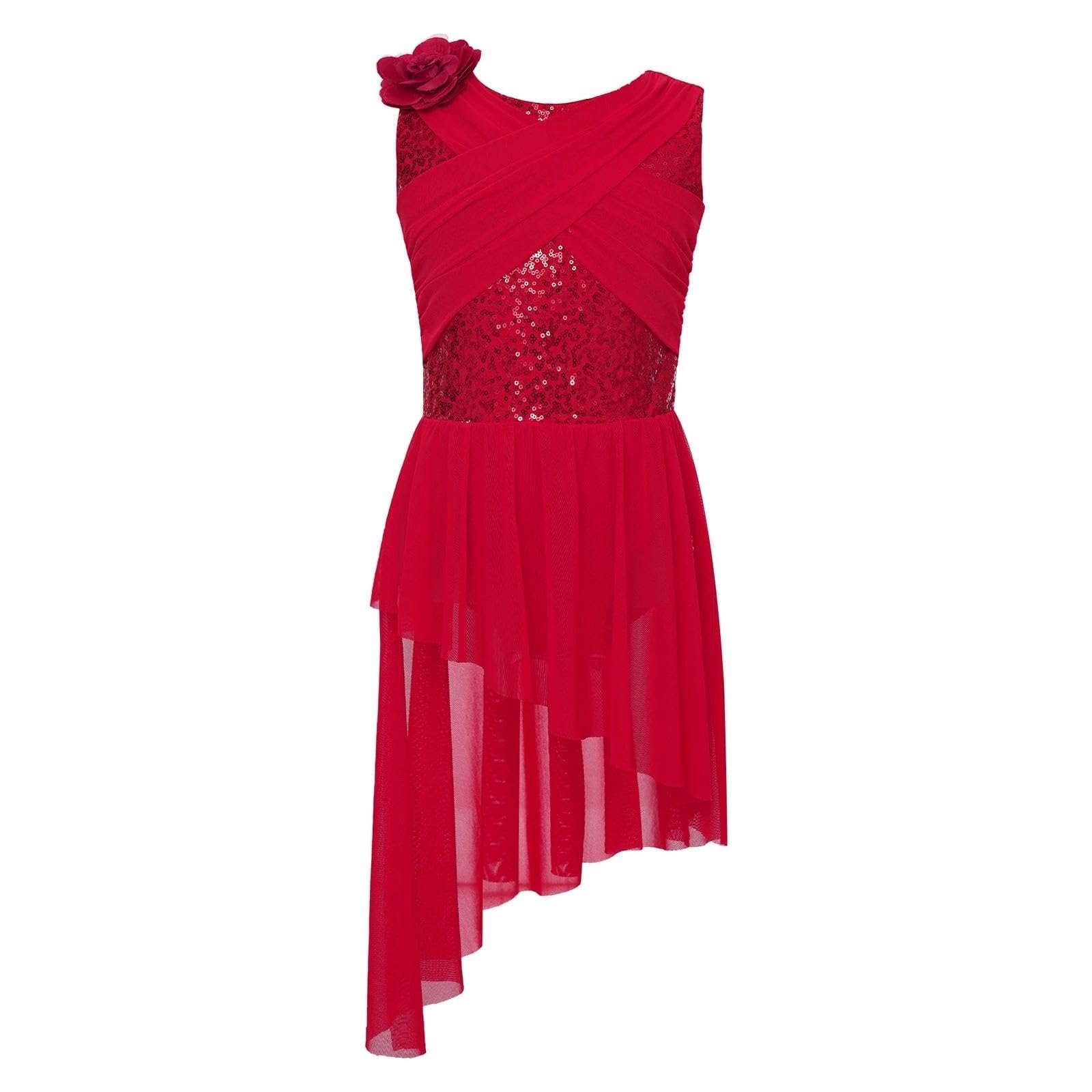 Disfraz Gimnasta NiñA Traje de Baile lírico con Lentejuelas for niñas, Vestido de Malla Transparente superpuesta, Vestido de Gimnasia, Patinaje artístico, Baile Latino, cha-cha, vals(Pink,12)