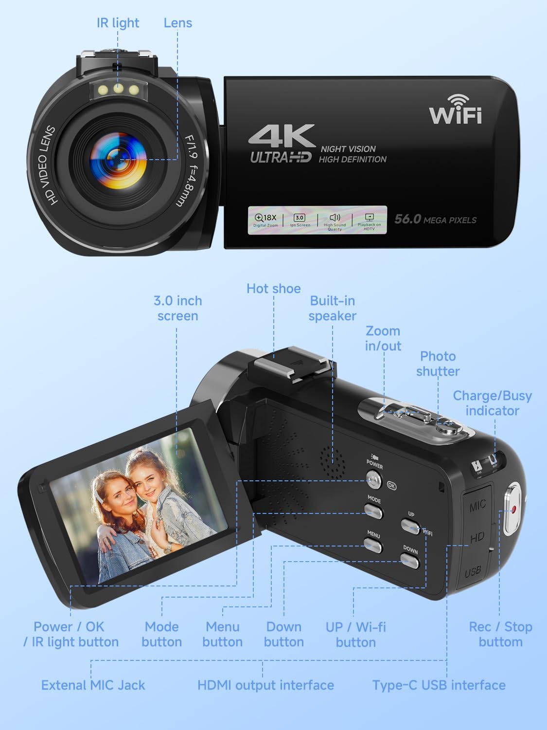 Camcorder,FHD 4K 56MP Video Camera,WiFi Vlogging Cameras for YouTube with IR Night Vision,18X Digital Zoom 3.0''Touch Screen Digital Camera with 64GB Card,Remote Control,Webcam and Battery - Image 7
