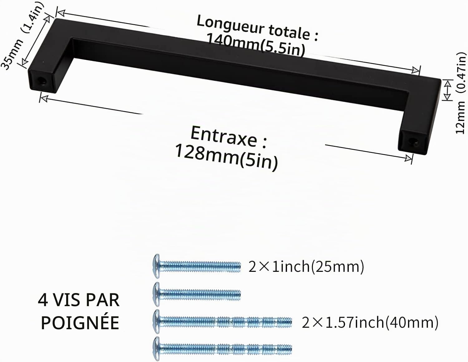 LONTAN Lot de 10 poignées d'armoire Noir Espacement des trous : 128 mm Pour armoires de cuisine et meubles de cuisine