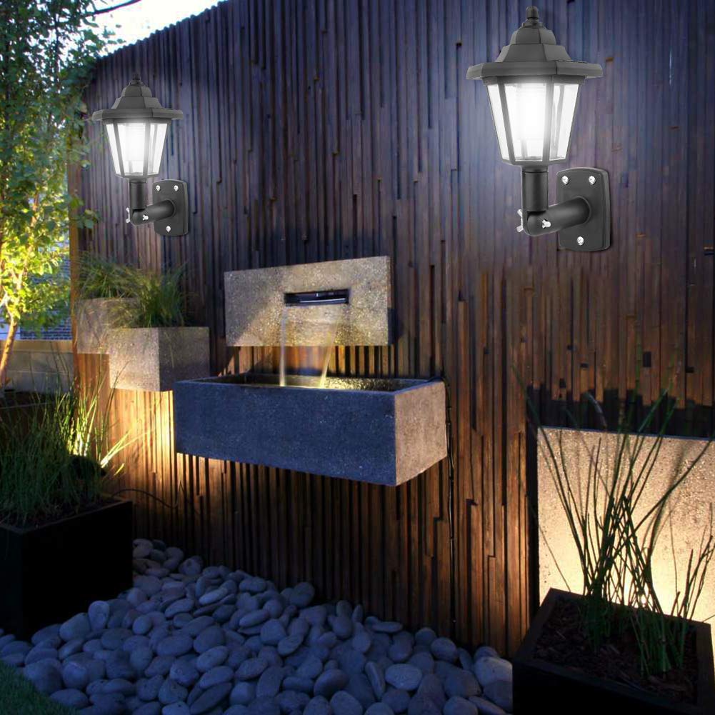 Lanterne Murale Solaire 2 Pièces, Applique Murale LED étanche pour Jardin Extérieur à Induction Automatique, Lanterne Murale Solaire avec Capteur de Lumière, Lampe de Porche Hexagonale(Noir)