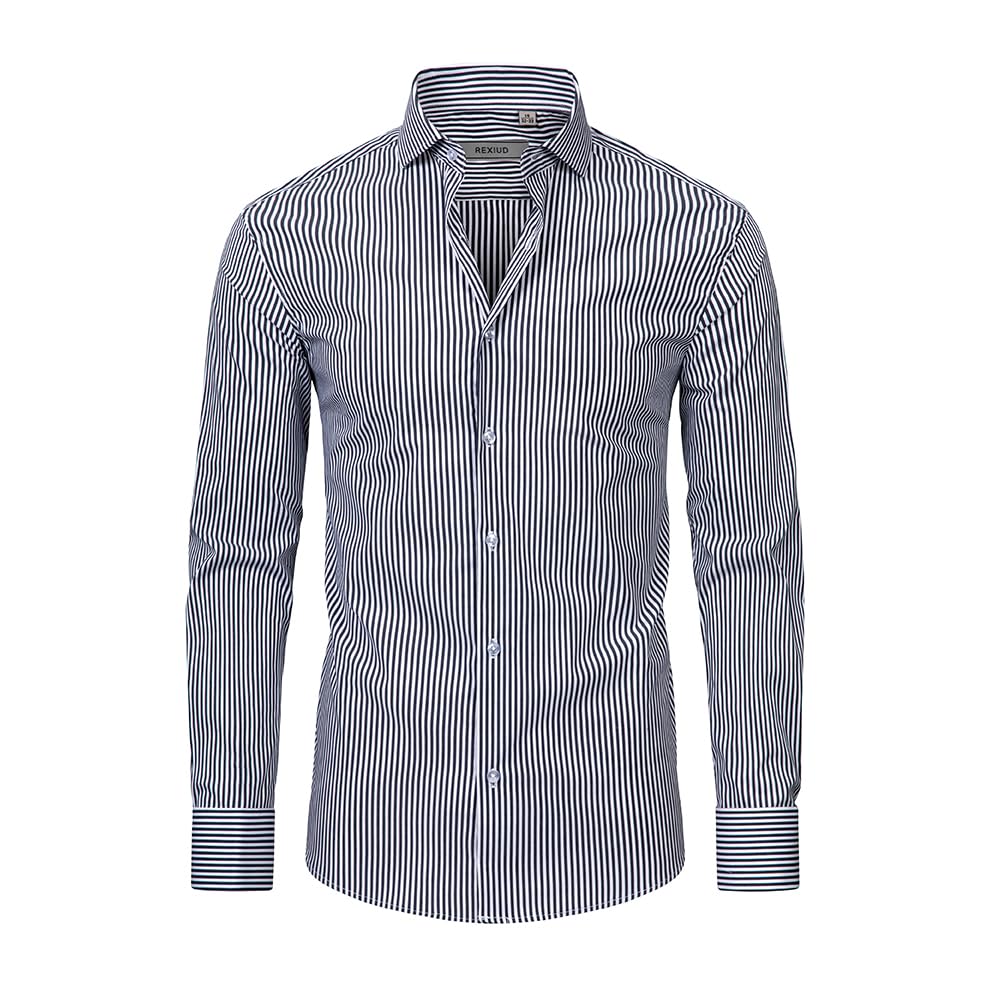 Camicia da uomo a righe elasticizzata, colletto Windsor, polsini francesi, camicia formale a maniche lunghe per ufficio e lavoro