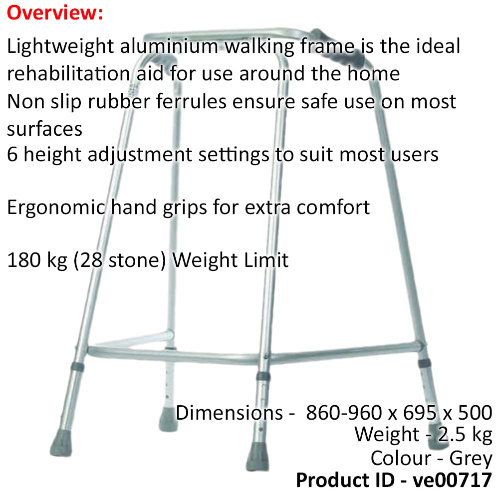 Lekka aluminiowa rama do chodzenia – 860-960 mm, regulowana wysokość – bardzo duża – antypoślizgowe gumowe tulejki – pomoc w rehabilitacji – ergonomiczne uchwyty – 180 kg (28 kamieni) limit wagowy
