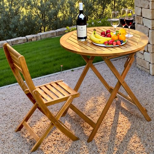 Tranquillo Anya Foldable Round Solid Acacia Wood Outdoor Table – 27.6” Solid Patio Side Piece, TV Tray, Water & Weather Resistant, Compact Folding Design for Camping, Small Spaces, Garden, Balcony