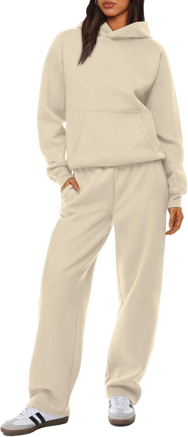 XIEERDUO Womens 2 Piece Outfits 2024 Sweatsuit Set Track Suits Oversized Hoodie Sweatshirts Wide Leg Sweatpants with Pockets A07-apricot 2xl