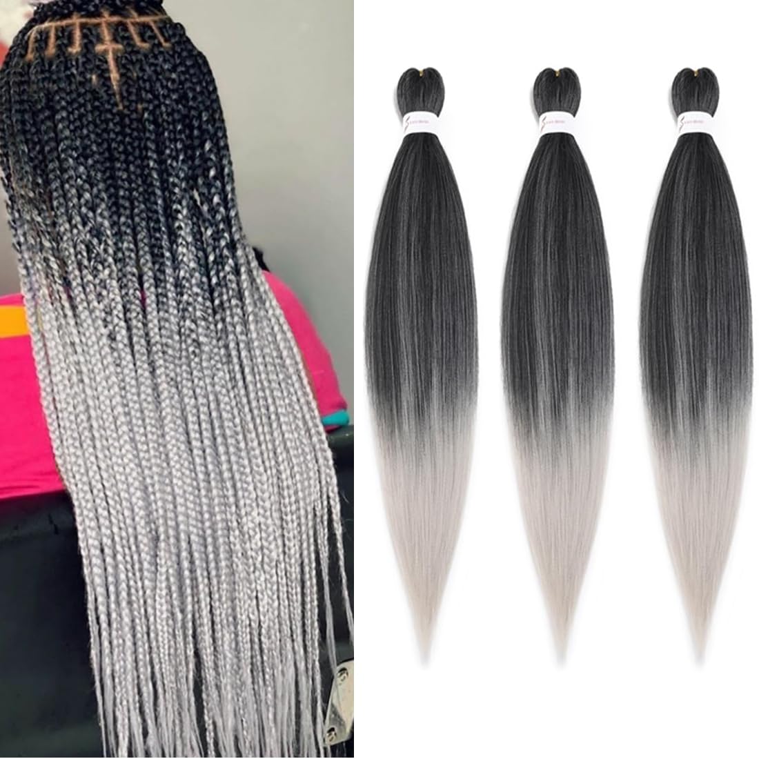 Pre Stretched Braiding Hair Extensions 3 Packs 26 Inch Black to Gray Ombre Braiding Hair Synthetic Braids Hair Extension for Women Hot Water Setting(