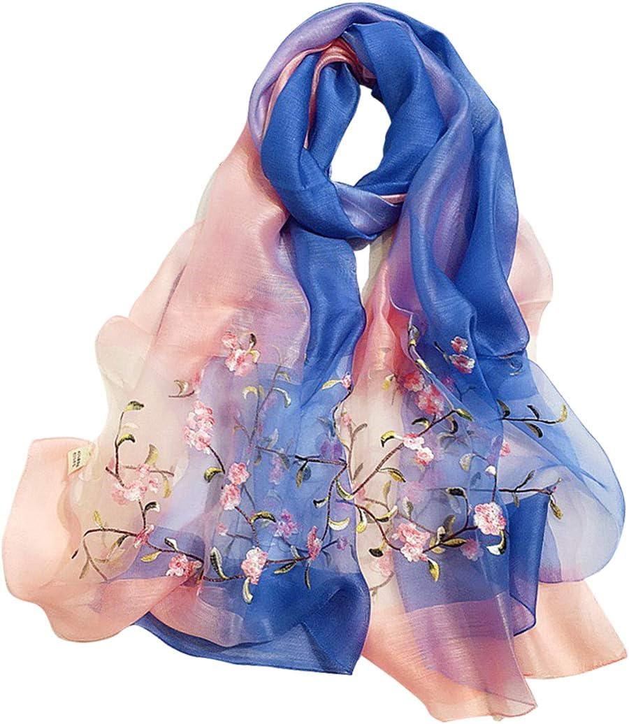 GOFINEE Women Silk&Wool Gradient Embroidered Scarf Headwrap Shawl