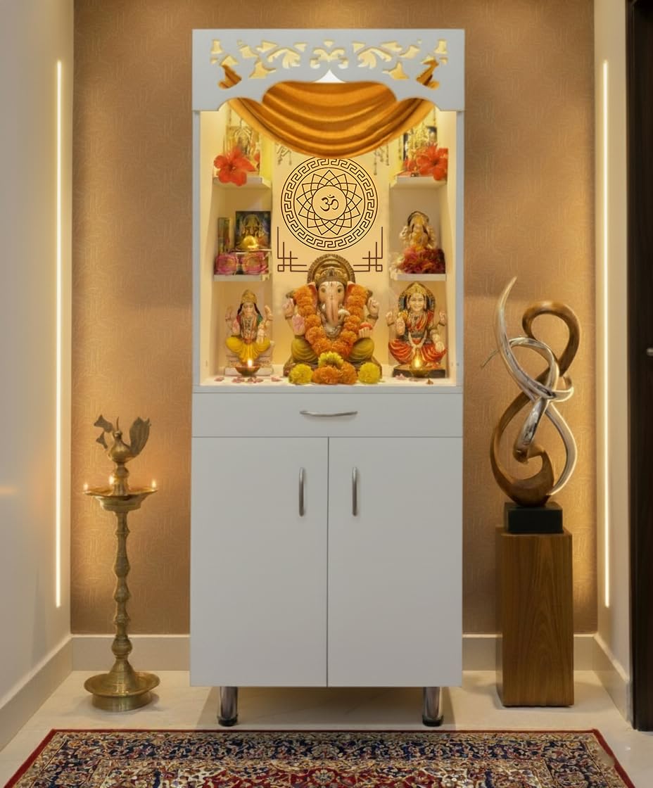 5.7 Ft X 2 Ft Wooden Temple I Mandir for Home I Pooja ghar I Corian Design devghar I Big Temple for Home I Pooja Mandir Unit I Devghar with LED Light (Frosty White)-image-48