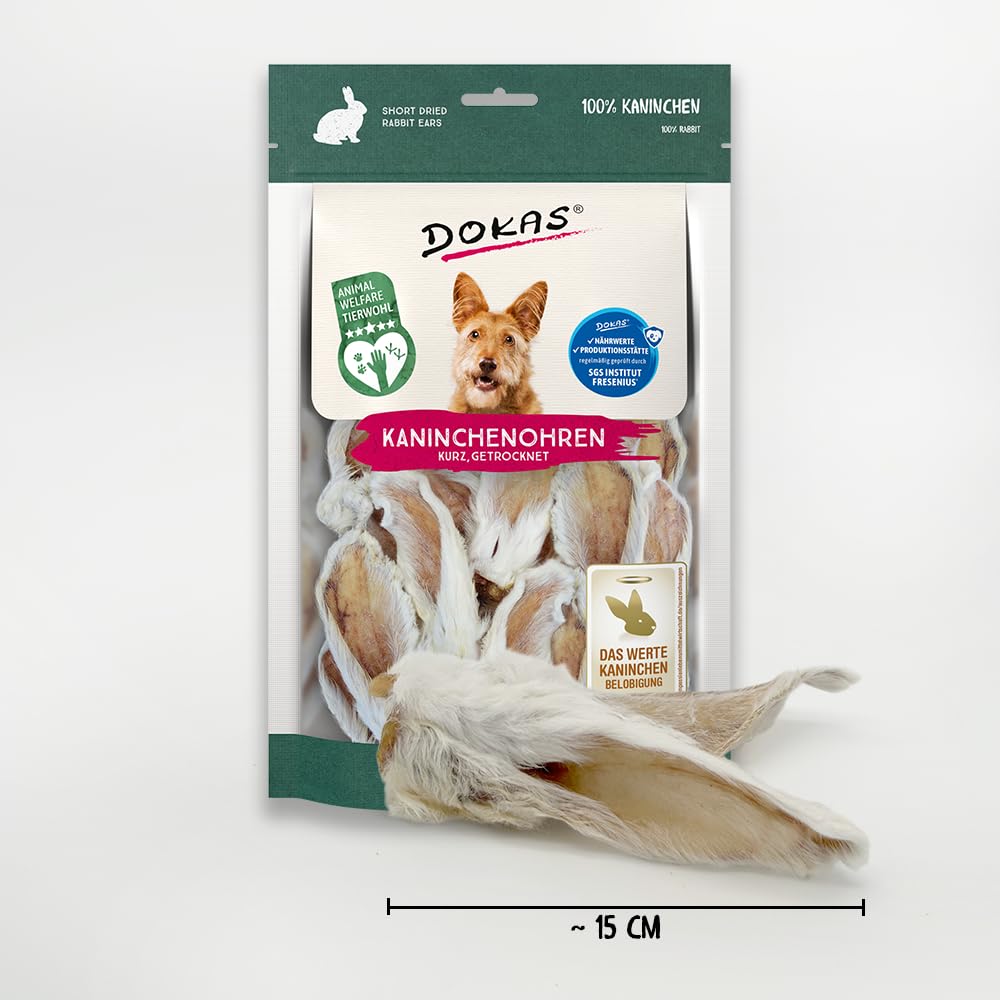 DOKAS Królicze uszy z futerkiem – naturalna przekąska premium bez zbóż, dla psów, w 100% z królika, krótka dla małych psów, 1 x 100 g