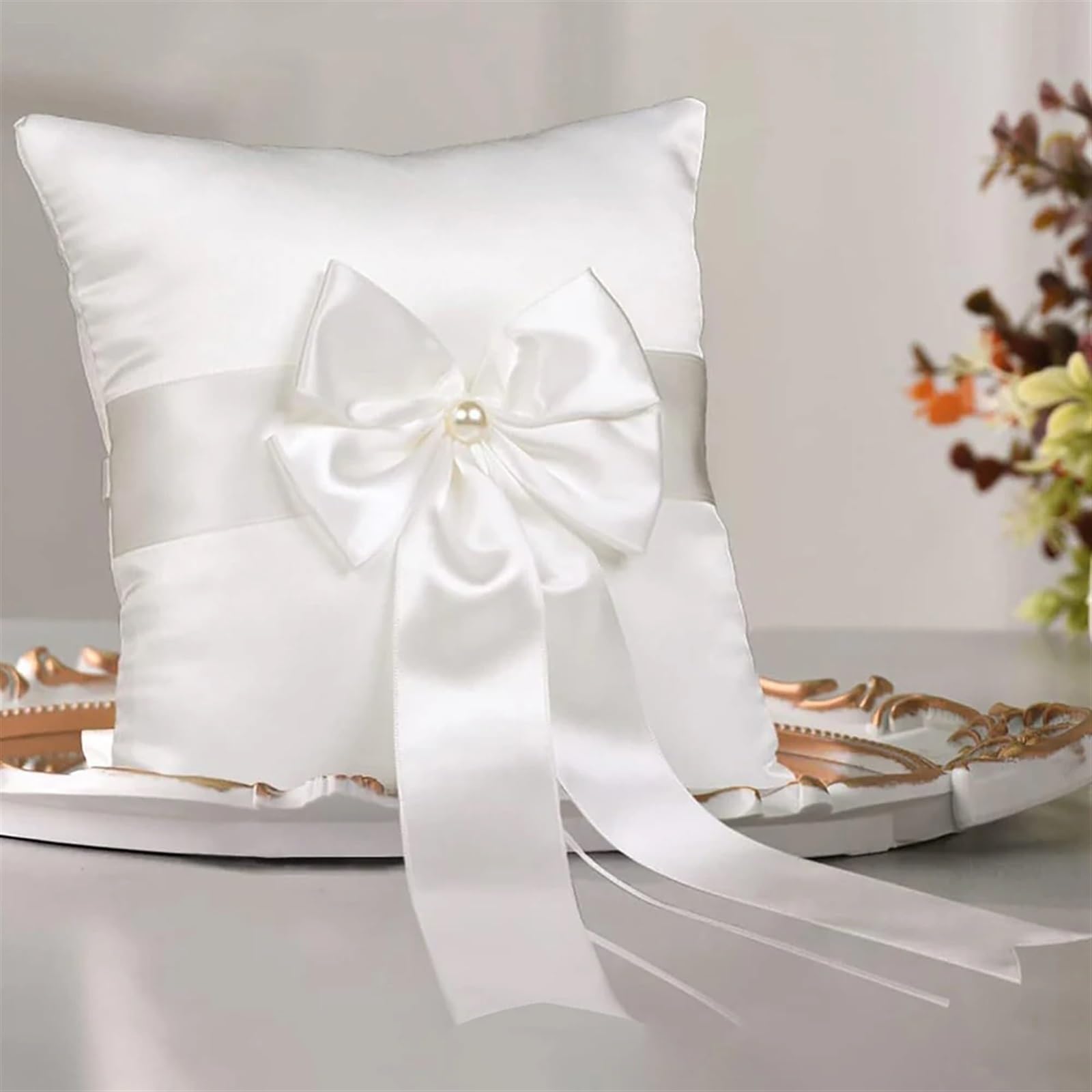 Ringkissen und Blumenkorb-Set for die Hochzeit, weißes Satin-Eheringkissen mit Perlengriff Blumenkörben für die Hochzeitszeremonie(Ring Pillow Set)