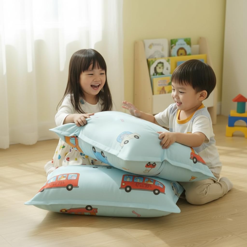 Filymore Kids Car & Bus Theme Pillow Covers Set of 2, 17x27 Inch Sky Blue | Soft Microfiber Pillow Cases for Kids Room, Skin-Friendly & Breathable Decorative Cushion Covers 1