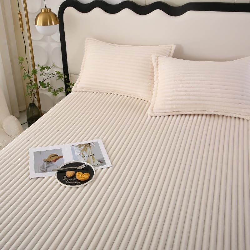 INFLAG Plush Bed Sheet, Flannel Fitted Sheet Super Soft Warm Velvet Plush Bed Sheets, Suitable for Fall and Winter, 11" Deep Pocket (Beige, Twin 35"x78")