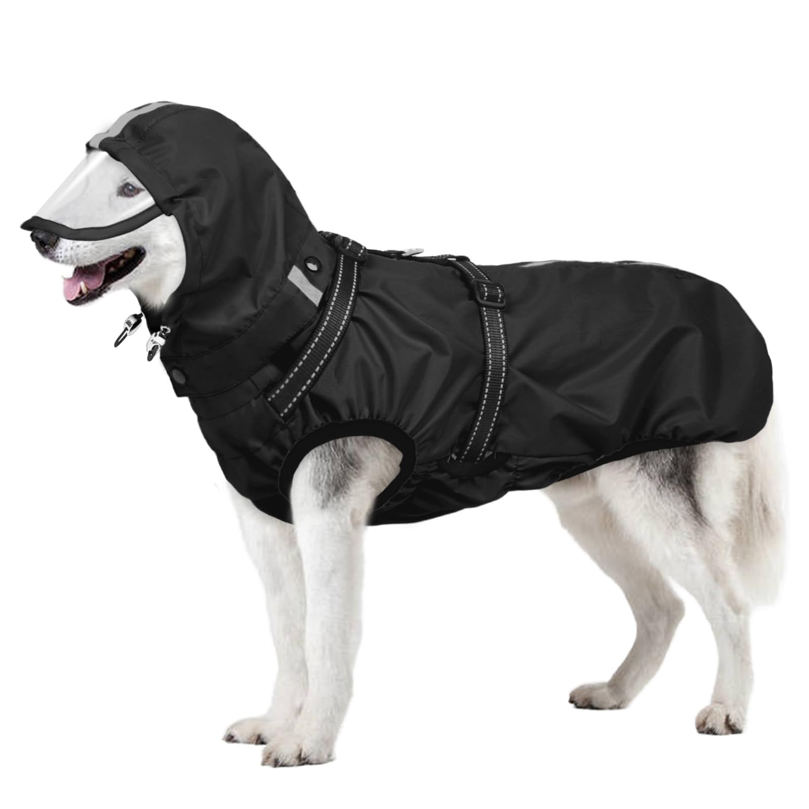 OUOBOB Dog Raincoat Waterproof, Rain Jacket with Reflective Strips, H-Harness (D-Ring) & Detachable Hood with Visor, Ideal for Medium/Large Dogs [Black, Size 2XL]