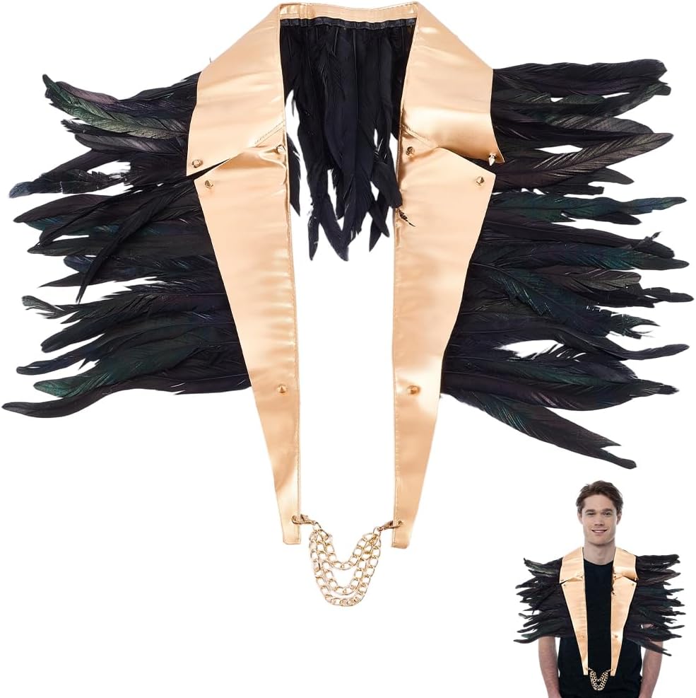 GORGECRAFT 124 x 28 cm Gothic Feather Cape Scarf Black Feather Capelet Witch Wings Collar PU Leather Natural Chicken Feathers Cape Shrug Halloween Raven Costume for Women and Men Easter Silvest