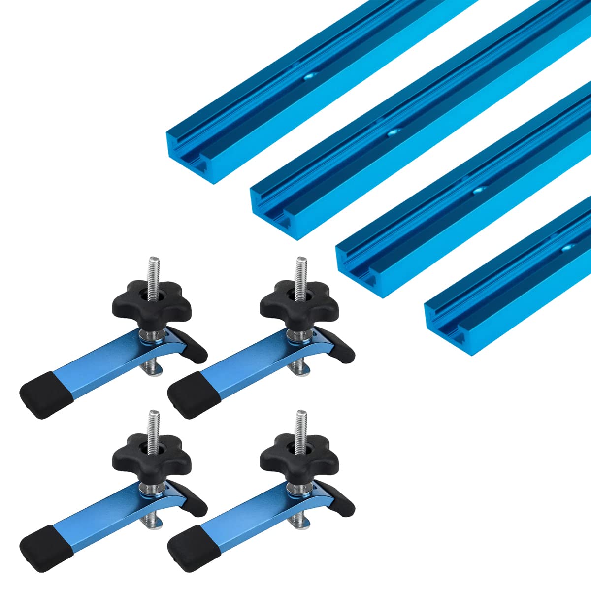 POWERTEC 71860 36 Inch x4 Universal T track with 4 Pcs Hold Down Clamp, Double-Cut Profile T track with Predrilled Mounting Holes & 5-1/2” L x 1-1/8”