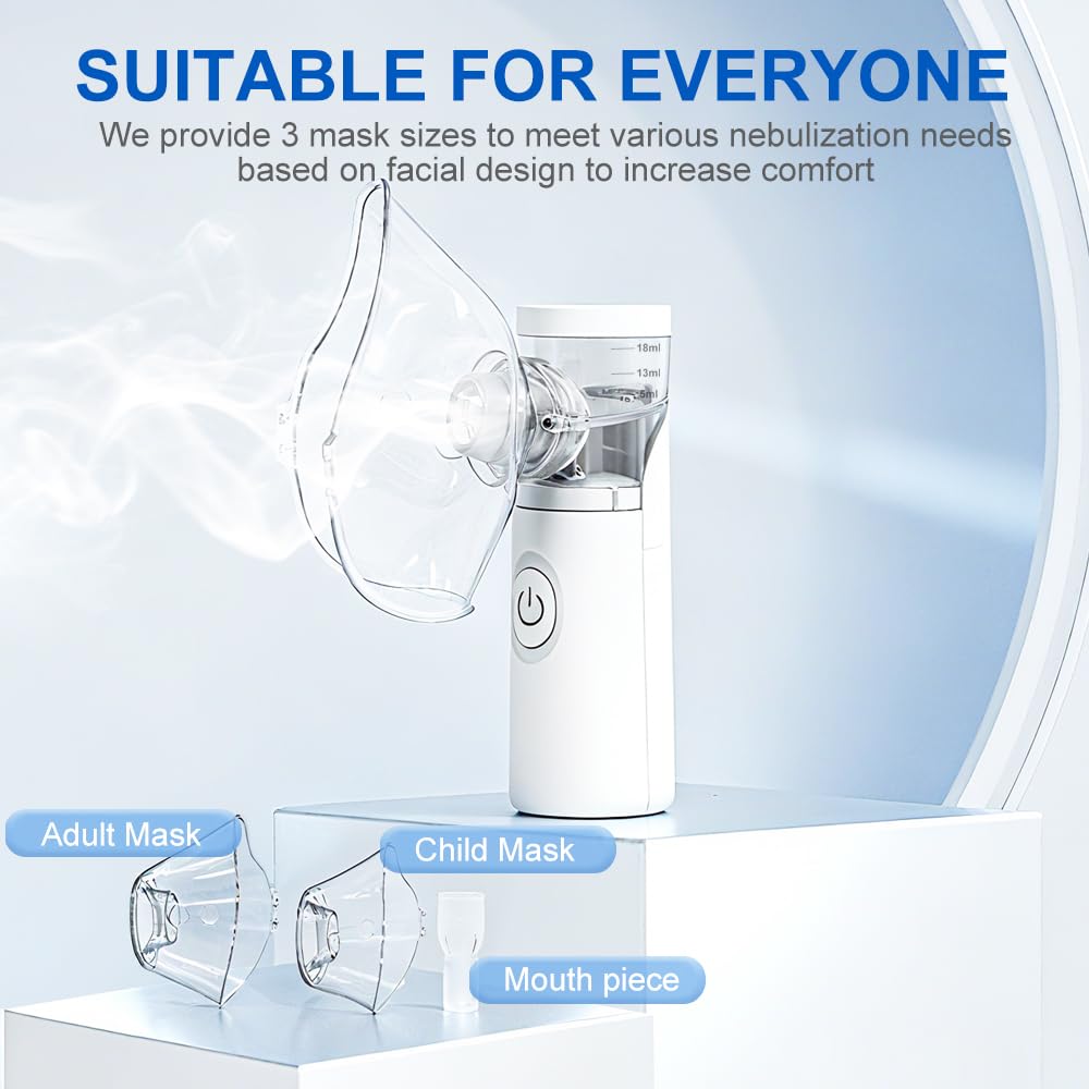 Nebulizador portátil silencioso y recargable, con nebulización eficiente, incluye 2 mascarillas y 1 boquilla, adecuado para adultos y niños, ideal para uso doméstico y viajes (Blanco)