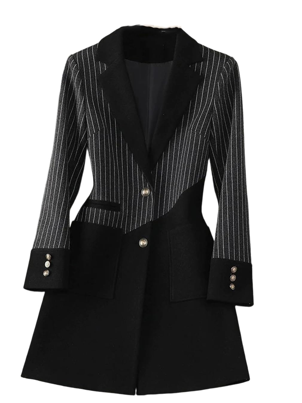 Women Stripe Stitching Woolen Blazer Coat Long Sleeve Office Ladies Blazers Female Outerwear