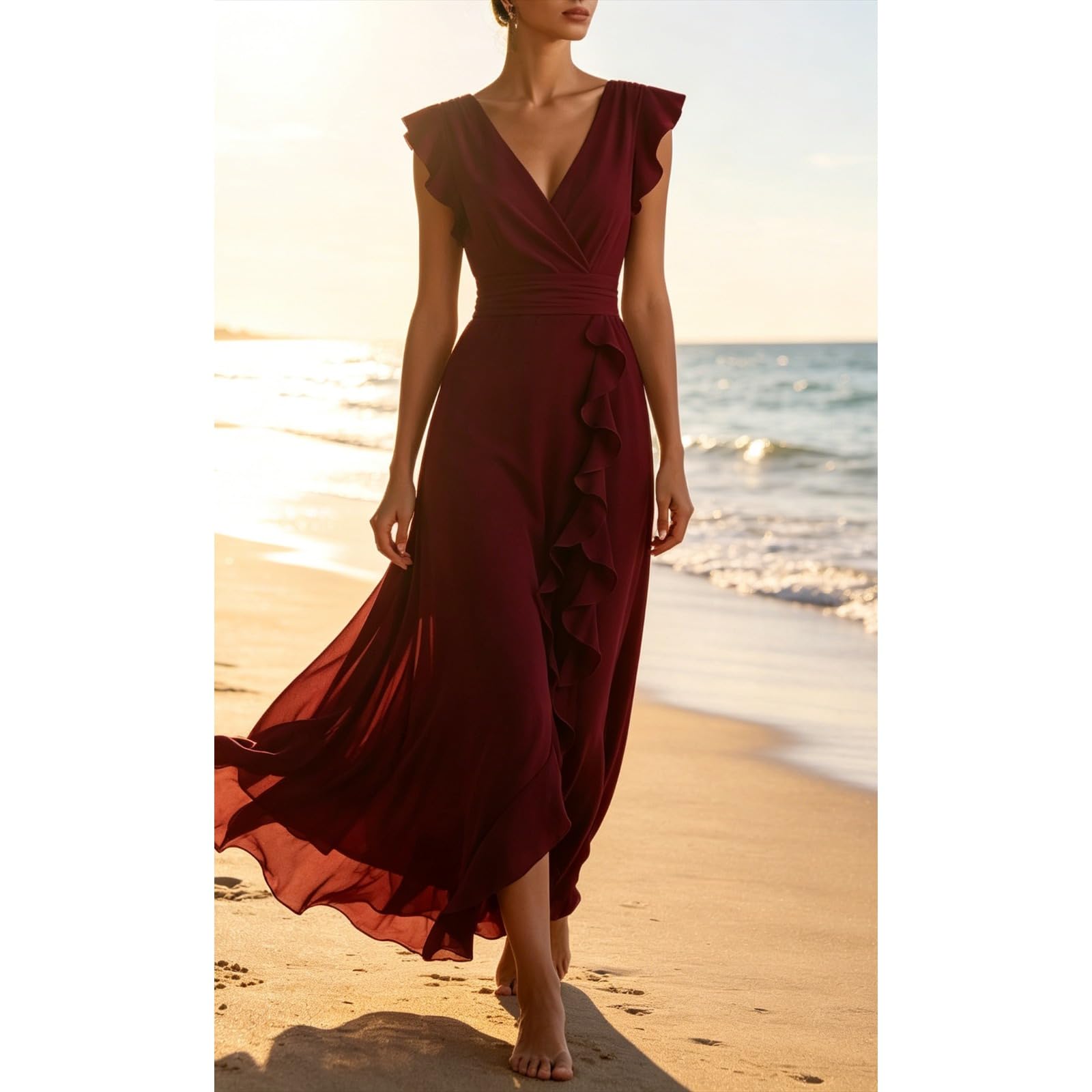 Vestido de Dama de Honor de Gasa con Volantes — Vestido Formal de Manga Corta, Largo, con Escote en V y Estilo corsé — Vestido de Noche para Bodas y Eventos Formales