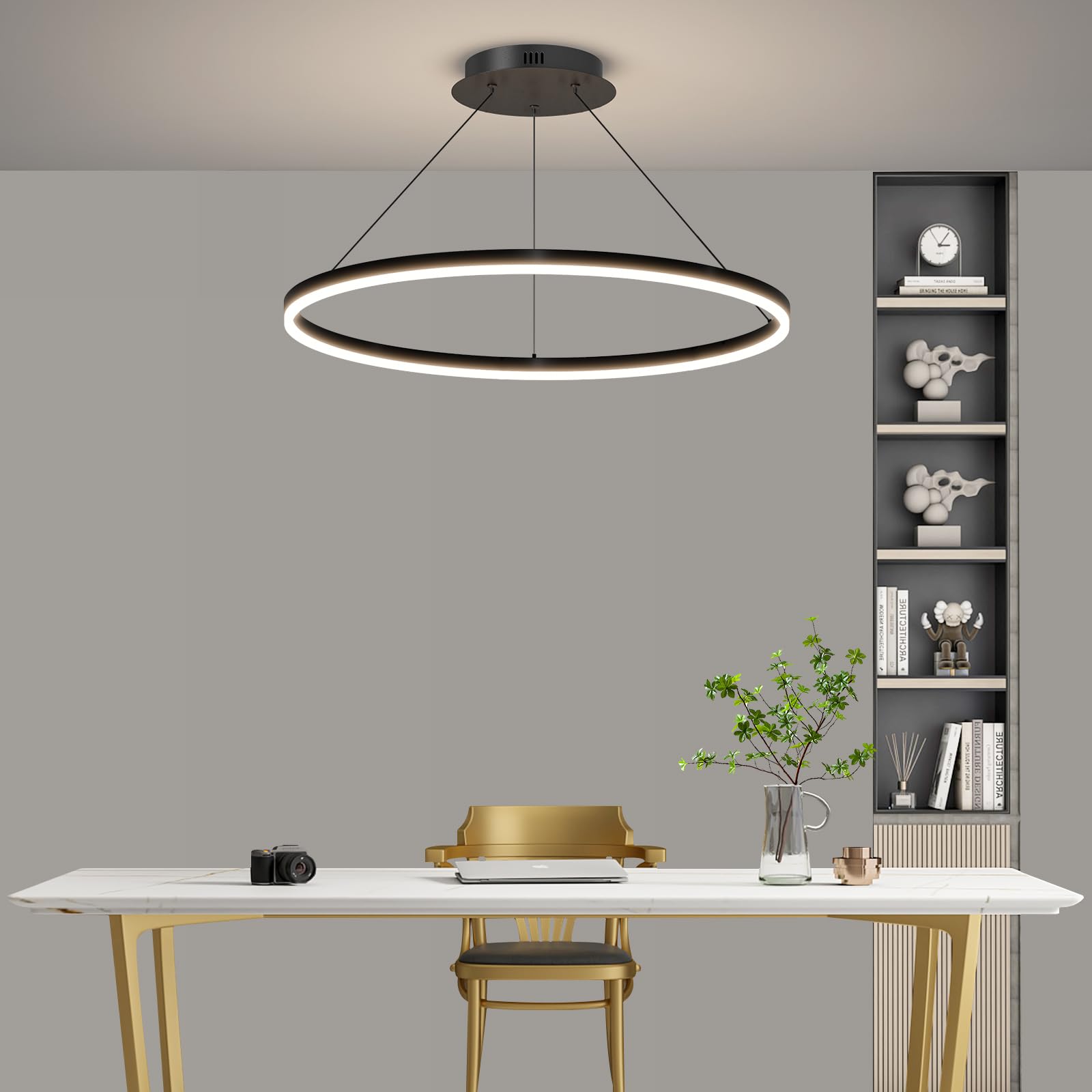 Mikeru 60CM LED Esstisch Pendelleuchte, Deckenleuchte Ringe Schwarz Dimmbar von 10% bis 100% 3000K/4500K/6000K Wohnzimmerleuchten mit Fernbedienung Hängeleuchte Rund für Wohnzimmer