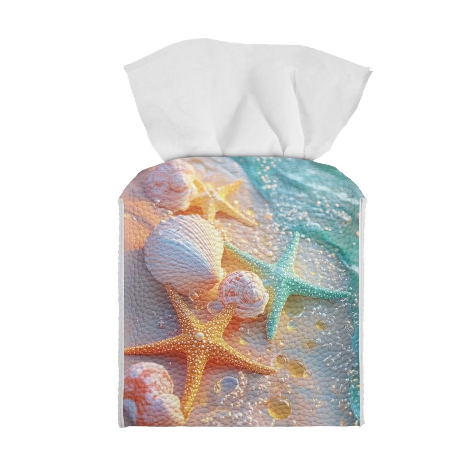 Tutolipy Beach Starfish Tissue Box Holder Square Tissue Box Cover Decorative PU Leather Napkin Organizer Dispenser for Night Stands Bathroom Home Decor Facial Paper Holders — image 1