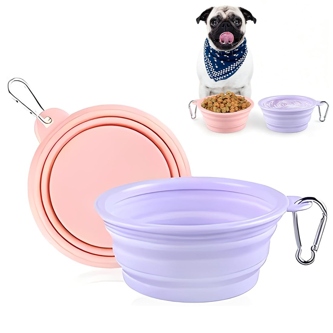 2 Cubos Plegables para Mascotas – 350 ml, Silicona sin BPA – Portátil con Mosquetón – Para Comida y Agua – Ideal para Viajes con Perros y Gatos (Morado & Rosa)