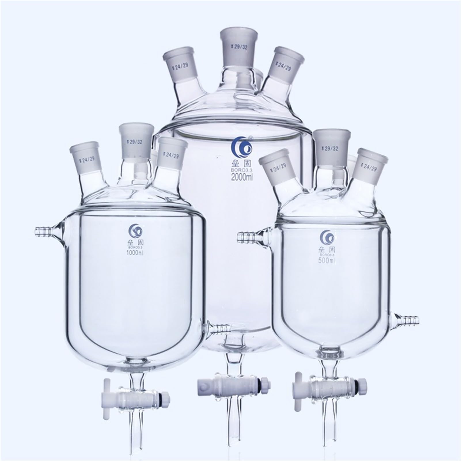 matraz de fondo redondo， Matraz de reacción de vidrio de borosilicato de 4 bocas con camisa y válvula de vaciado de PTFE (250 ml-5000 ml)(2000mL 29x24x24x24)