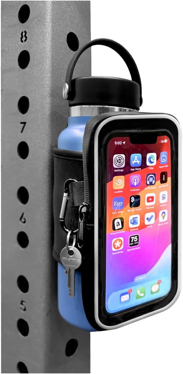 Magnetic Water Bottle Sleeve with Phone Pouch for Gym, Touchscreen Access, Key Clip, Fits Most 20 to 40 oz Bottles, Attaches to Metal Gym Equipment, Keeps Bottle Off the Floor and within Reach