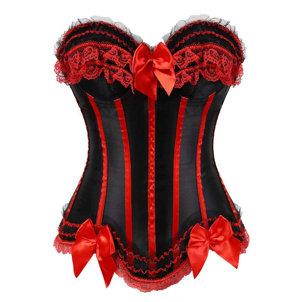 Josamogre Women's Corset Overbust Bustier Top Stripe Lace up Boned Halloween for Showgirl Plus Size Black Red XL