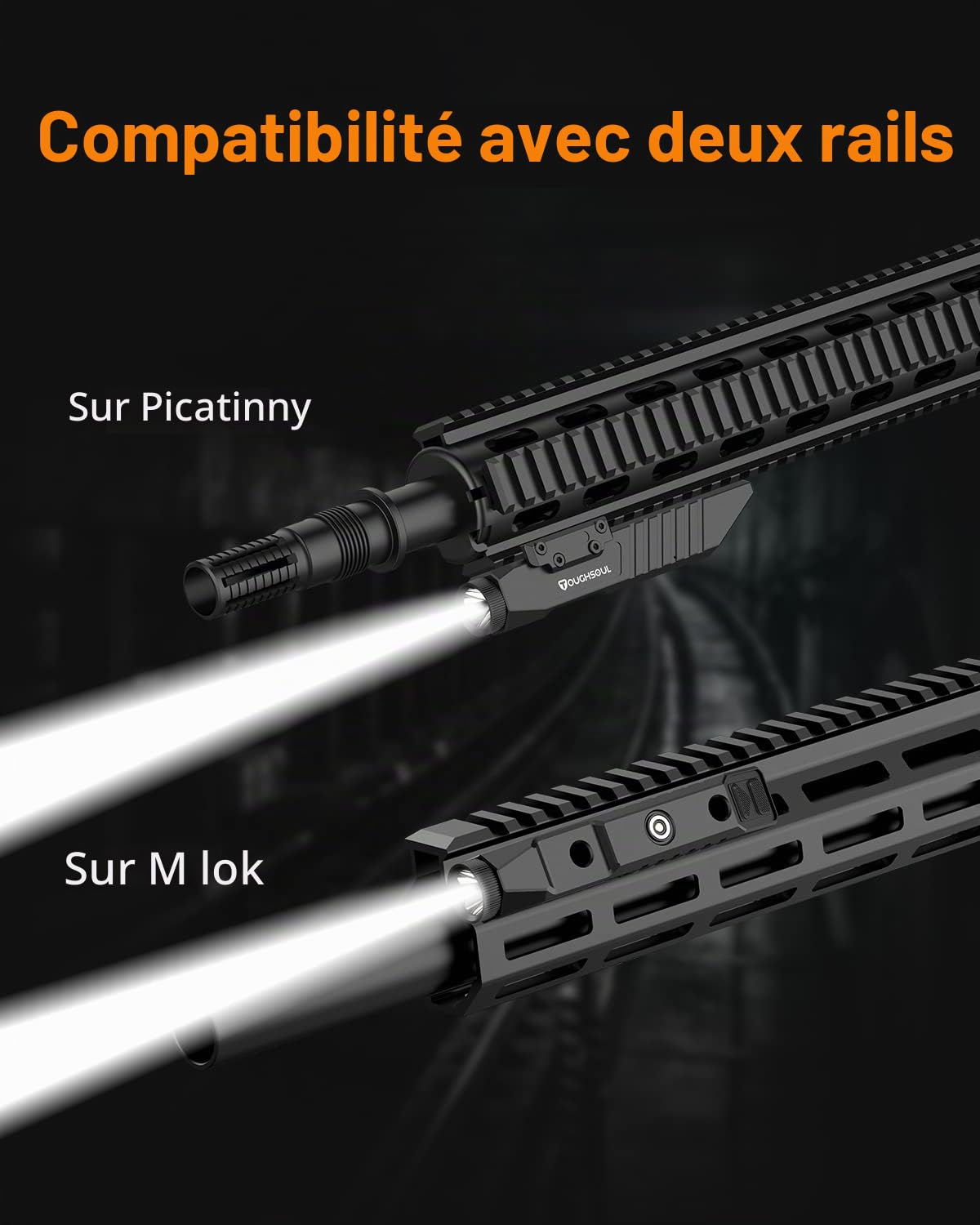 Lampe torche tactique TOUGHSOUL 1 450 lumens, montage sur rail Picatinny MLOK, avec fonction stroboscopique momentanée, lampe torche pour fusil (Picatinny + Mlok)