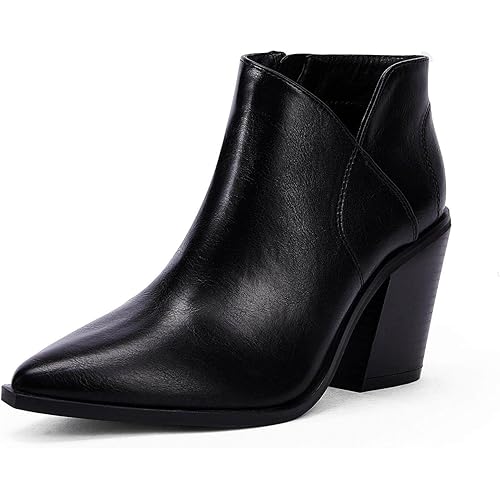 Womens Pointed Toe Ankle Boots Block Stacked Chunky Heel Cutout Side Zipper Fall Booties Shoe