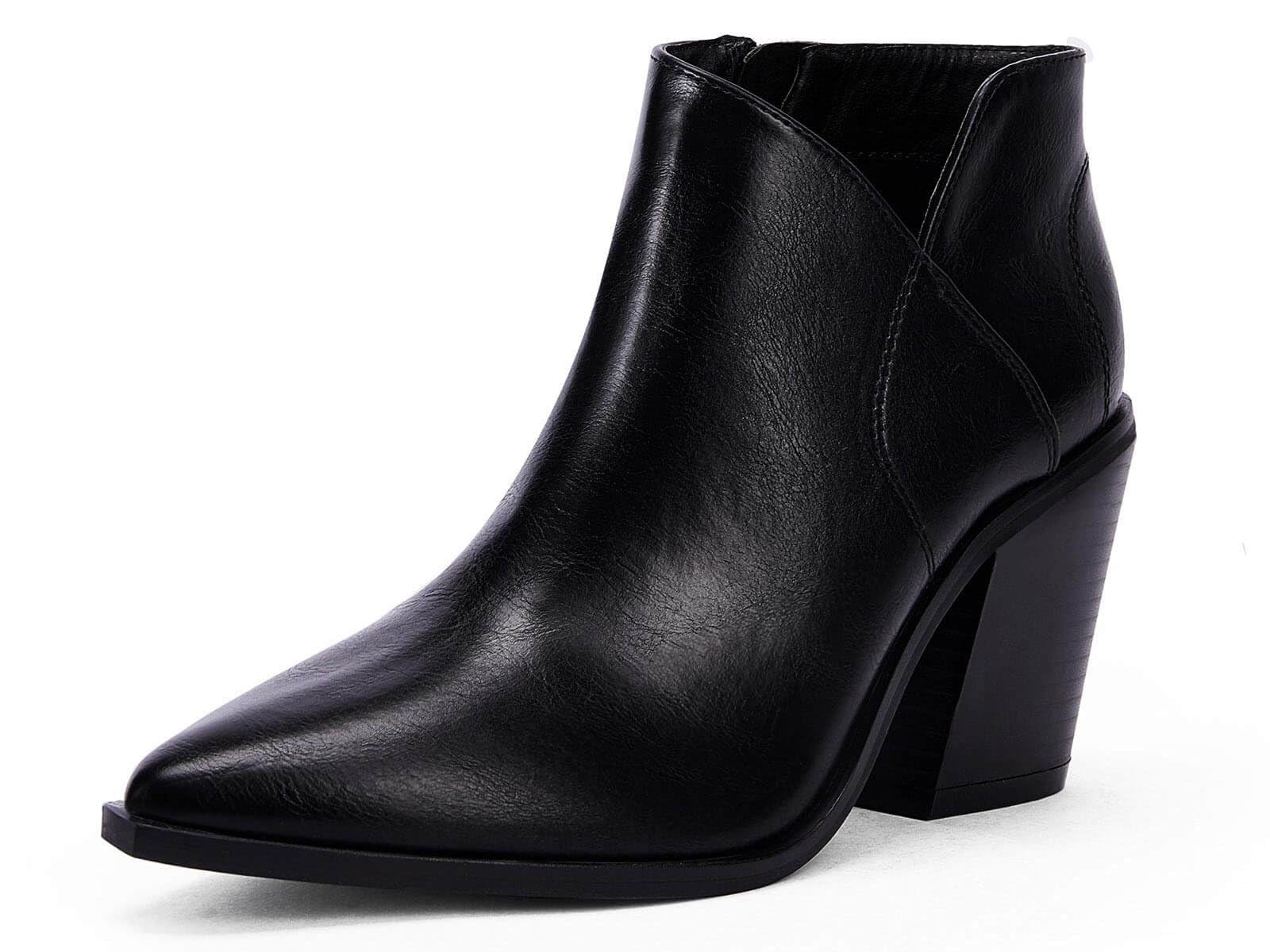 Womens Pointed Toe Ankle Boots Block Stacked Chunky Heel Cutout Side Zipper Fall Booties Shoe