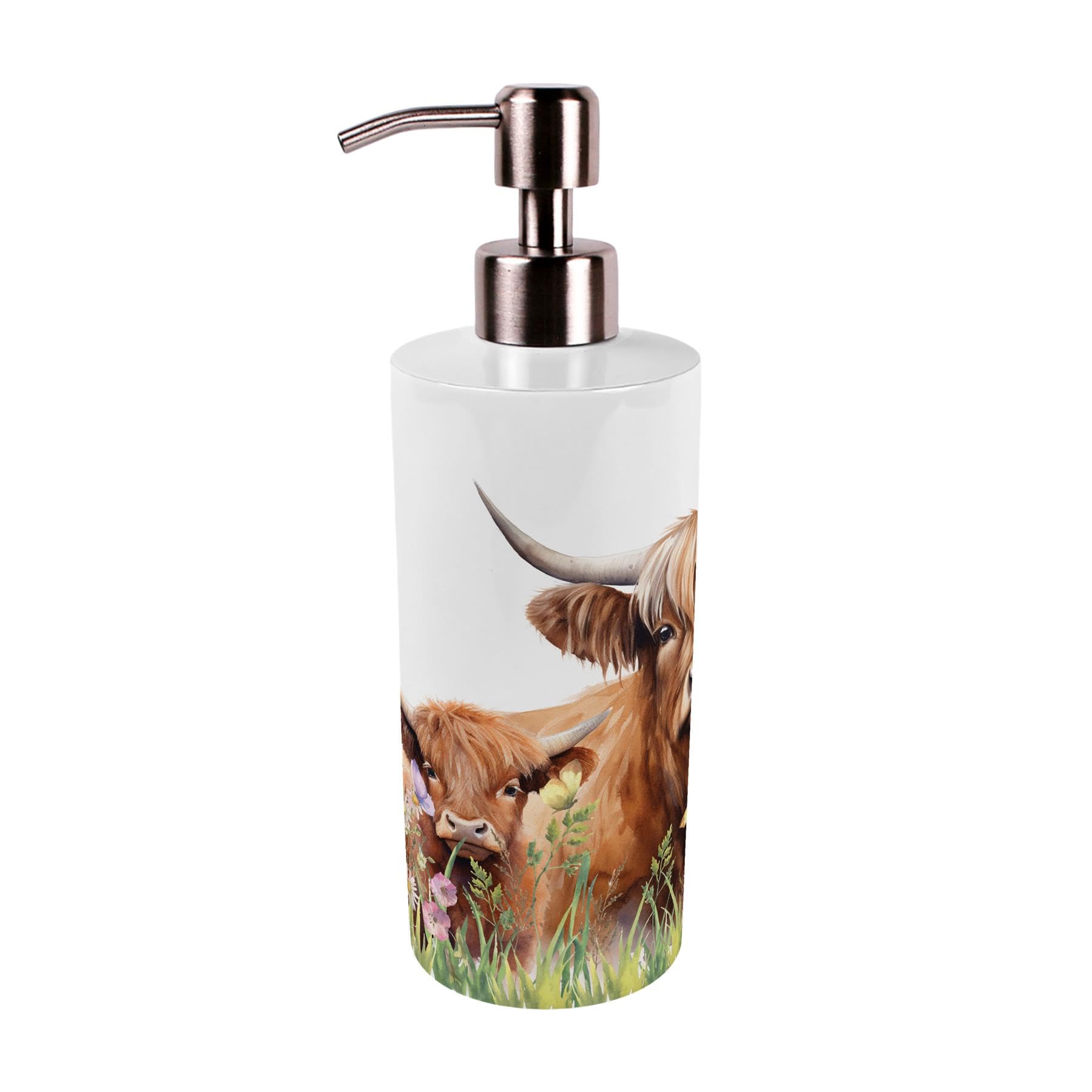 Highland Cow & Calf Soap Dispenser - 550ml Stainless Steel Refillable Bathroom & Kitchen Pump Dispenser Gift