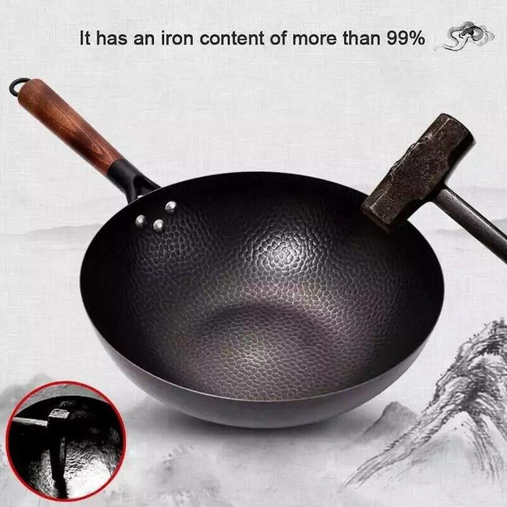 Wok in ferro da 32 cm, realizzato a mano, con coperchio in legno, antiaderente, non rivestito, per fornelli a gas e fornelli a induzione, wok universale per cucinare in stile tradizionale (coperchio