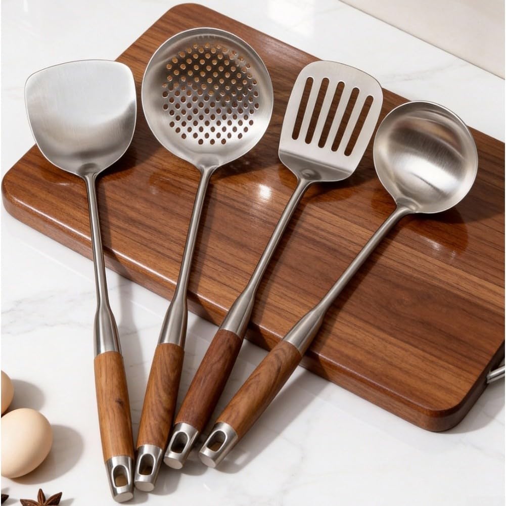 Manico in legno, utensile da cucina, 39 cm, per padelle, wok (set da 4