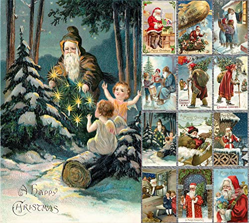 Image of PIXILUV WINTER CHRISTMAS (Pack of 12) Notecards Small Greeting Cards # Wintery Christmas Scenes and Santa Claus ~ Vintage Christmas Postcards Reprint