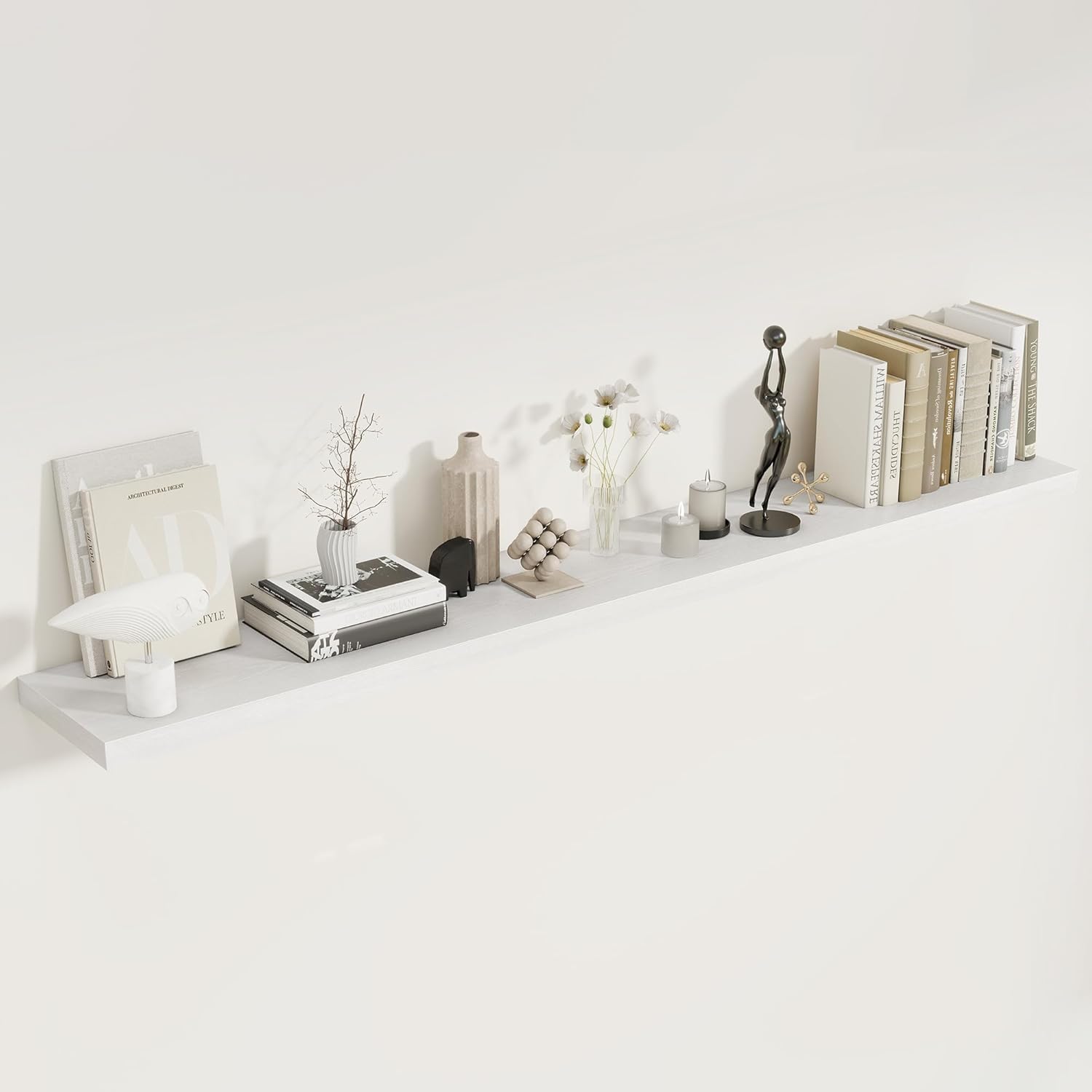 Fun Memories 72 Inch Floating Shelves for Wall, 8 Inch Deep Floating Shelf, Large Shelves with Invisible Bracket for Books|Storage, Rustic Wood Wall Shelf for Bedroom, Kitchen, Living Room, White