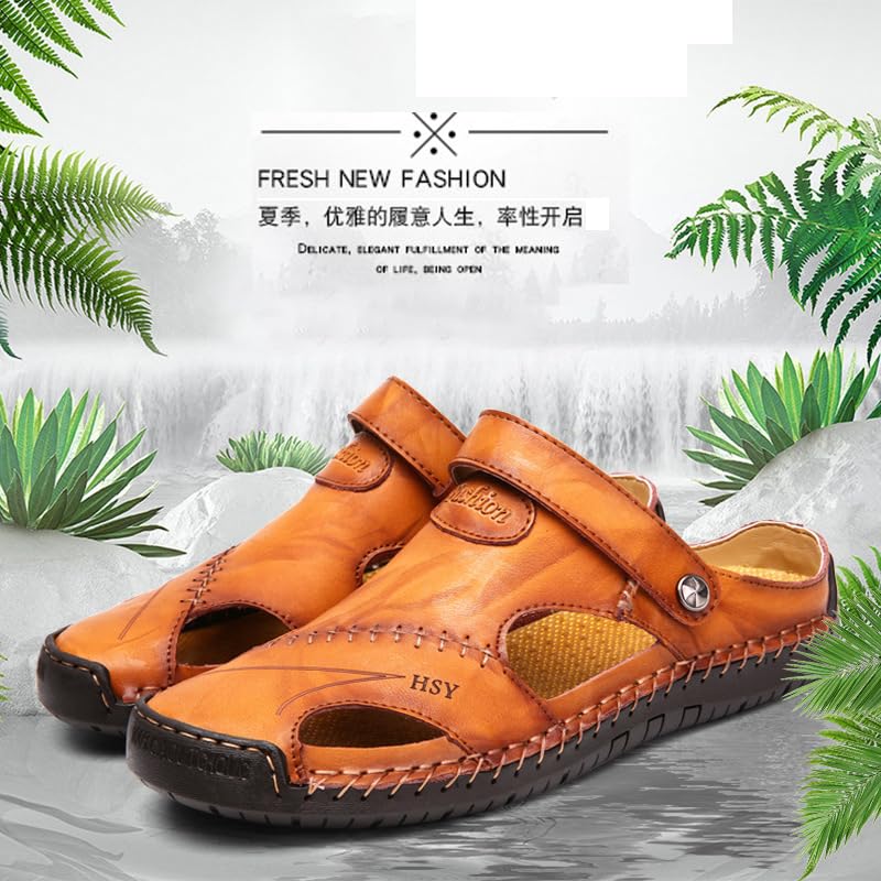 Soft Leather Men's Outdoor Sandals, Hand Stitching Outdoor Closed Toe Leather Sandals Athletic Strap Adjustable Outdoor Beach Shoes2