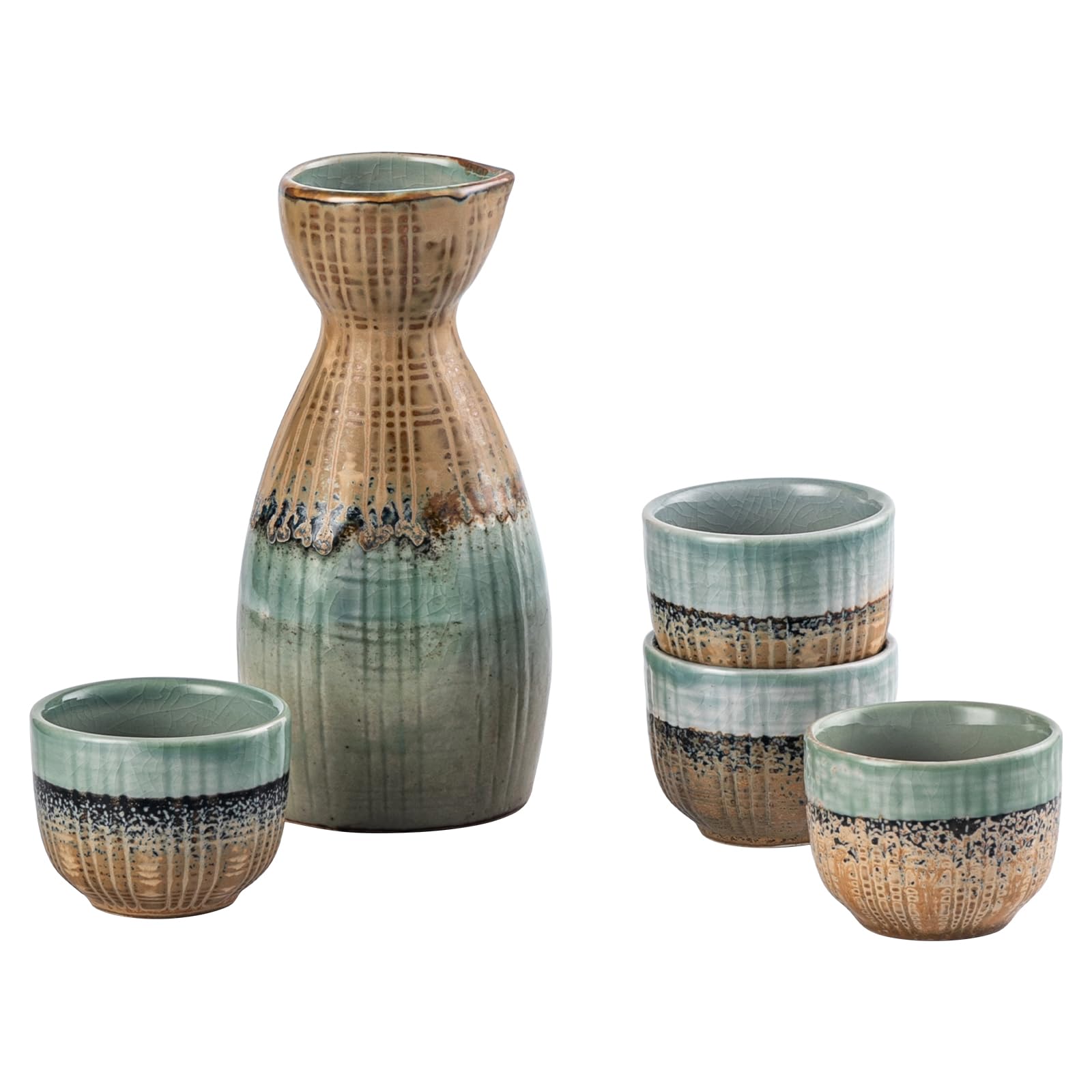 UNICASA Sake Set Keramik Mit Becher und Wein Topf für Wärmeren - 1 Sake-Topf 4 Sakebecher, Hellblau